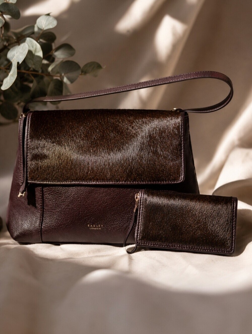 Radley London Haircalf Leather Shoulder Bag & Wallet Set Clove Brown NWOT